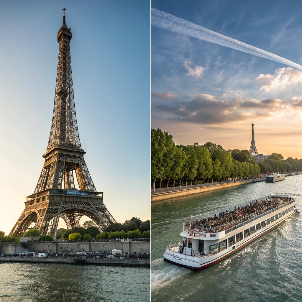 A Split Image Of Eiffel Tower And Seine River Crui