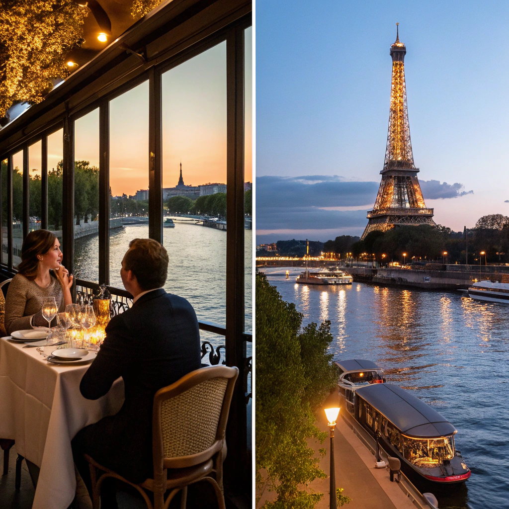 split image 2 people at restaurant at the eiffel t